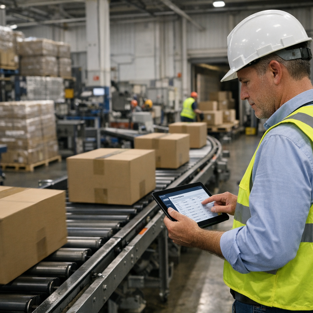 Kierownik operacyjny kontrolujący realizację dostaw ERP na linii pakowania